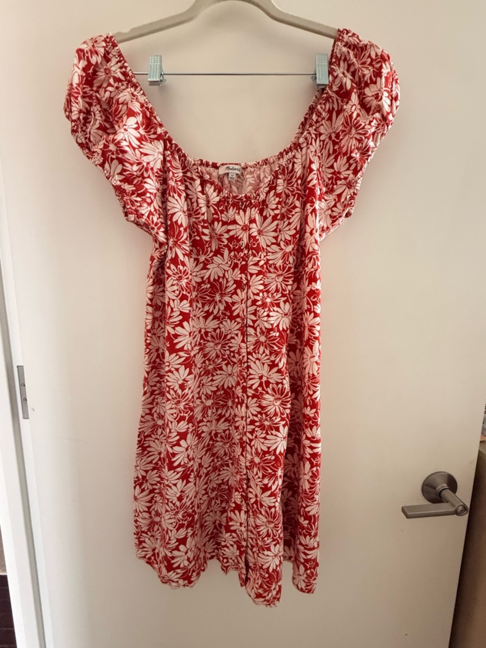 Madewell Red and White Floral Puff-Sleeve Dress